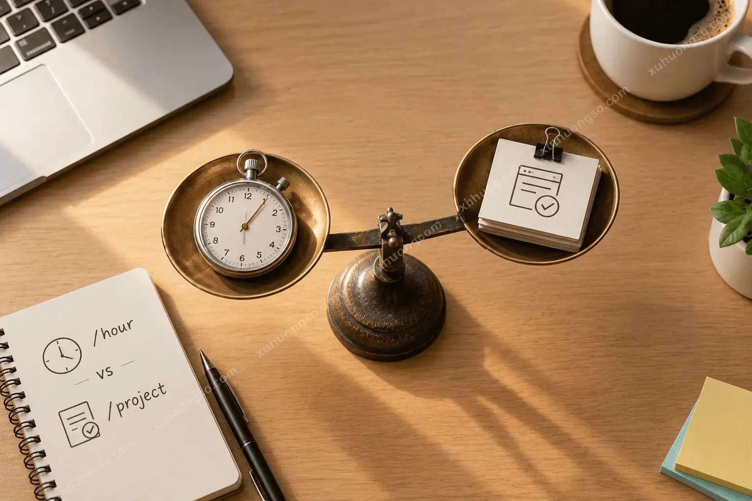 Cân nghiêng giữa đồng xu và đồng hồ bấm giờ minh hoạ định giá freelance theo giờ hay theo dự án