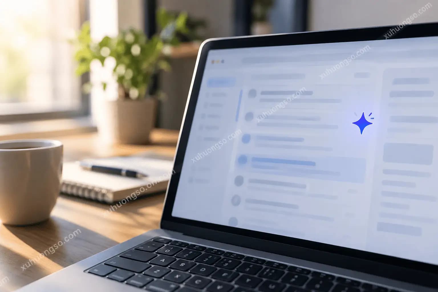 Icon trợ lý AI phát sáng cạnh hộp thư trên laptop minh hoạ Gemini tự động hoá công việc văn phòng