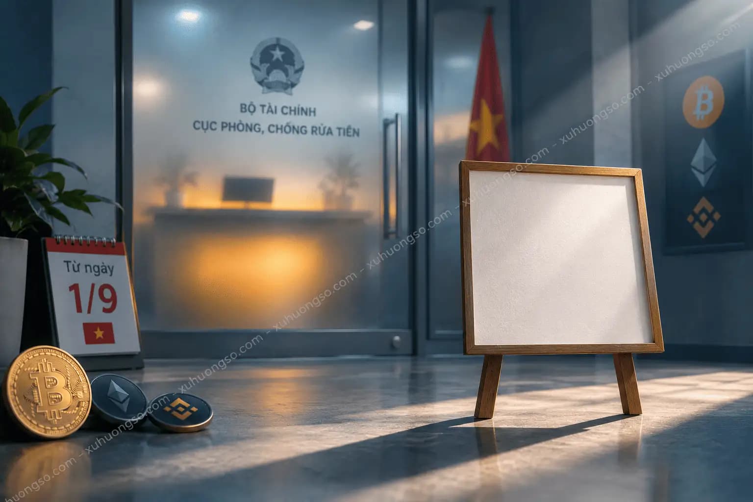 Cửa kính văn phòng đóng kín và tấm biển gỗ còn để trống, hình ảnh mang tính minh hoạ