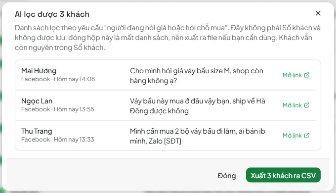 Hộp AI lọc được 3 khách theo yêu cầu bạn gõ, mỗi dòng có Mở link và nút xuất ra CSV